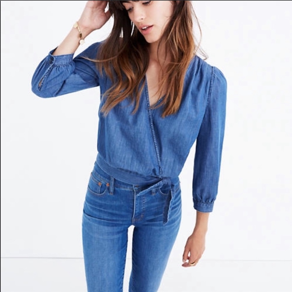 Madewell denim tie front blouse XS